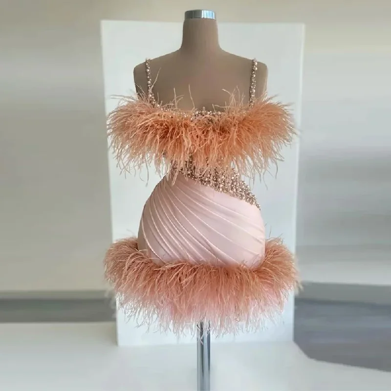 Luxury Mimi Cocktail Dress for Women Feather Pearls Beaded Short Evening Party Dress Spaghetti Straps Pink Satin Birthday Dress Luxury Mimi Cocktail Dress for Women Feather Pearls Beaded Short Evening Party Dress Spaghetti Straps Pink Satin Birthday Dress
