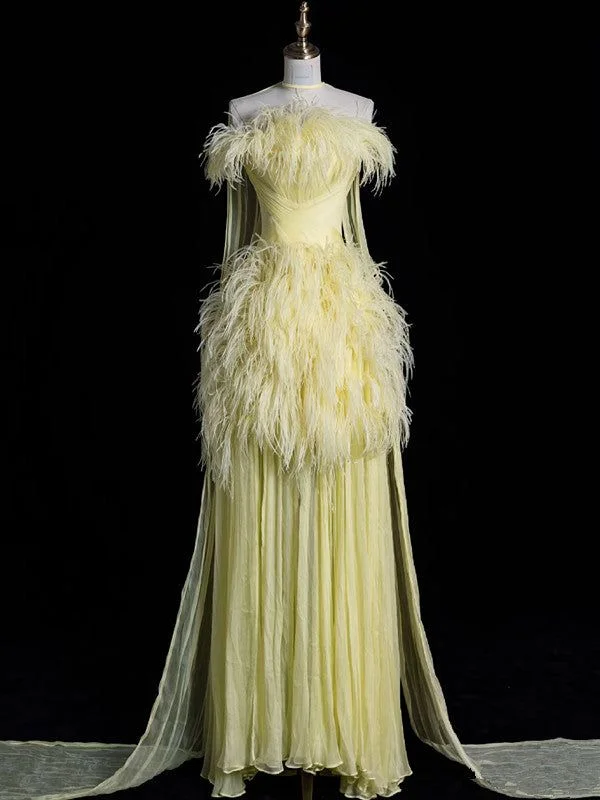 Luxury Yellow Off The Shoulder Evening Gown Chiffon Feathers Party Prom Dress With Beaded cc2430 Luxury Yellow Off The Shoulder Evening Gown Chiffon Feathers Party Prom Dress With Beaded cc2430
