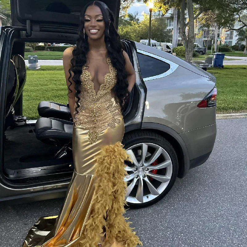 Luxurious Feathers Beaded Mermaid Evening Dress Gold Long Slit Prom Party Dress cc2459 Luxurious Feathers Beaded Mermaid Evening Dress Gold Long Slit Prom Party Dress cc2459