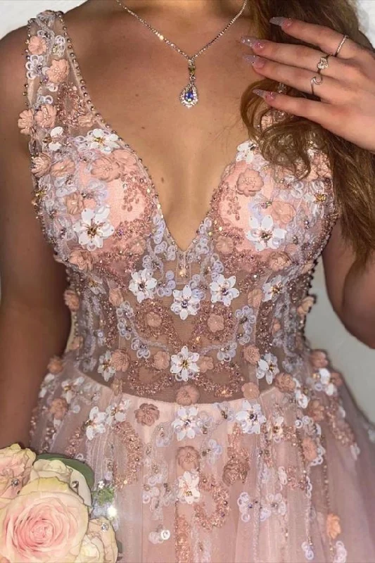 pink A-line tulle long prom dress formal dress with plunge neckline and 3D flowers cg17813 pink A-line tulle long prom dress formal dress with plunge neckline and 3D flowers cg17813