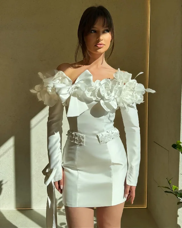 Pretty Floral White Sheath Women Mini Maxi Dresses Full Sleeves Cute Bow Short Female Cocktail Party Dresses Pretty Floral White Sheath Women Mini Maxi Dresses Full Sleeves Cute Bow Short Female Cocktail Party Dresses