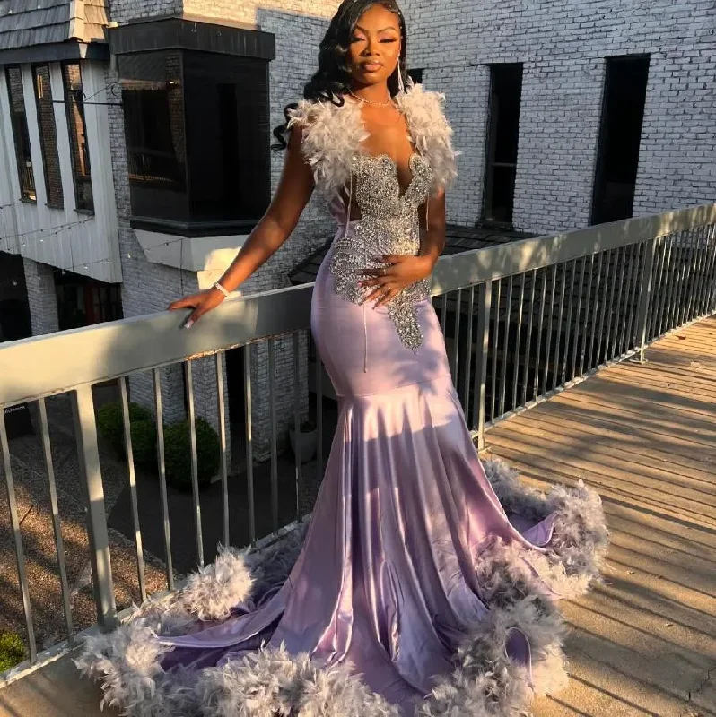 Lilac Purple Sparkly African Evening Ceremony Dresses for Black Girl Luxury Feather Diamond Crystal Prom Gala Birthday Dress Lilac Purple Sparkly African Evening Ceremony Dresses for Black Girl Luxury Feather Diamond Crystal Prom Gala Birthday Dress