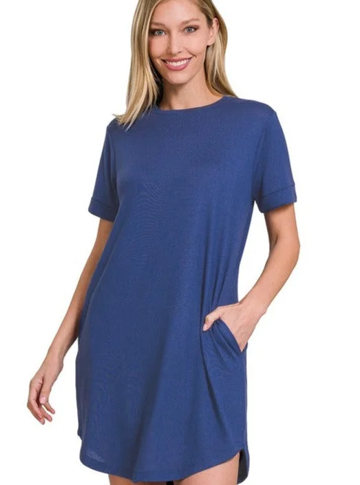 Rolled Short Sleeve Round Neck Dress (Online Exclusive)