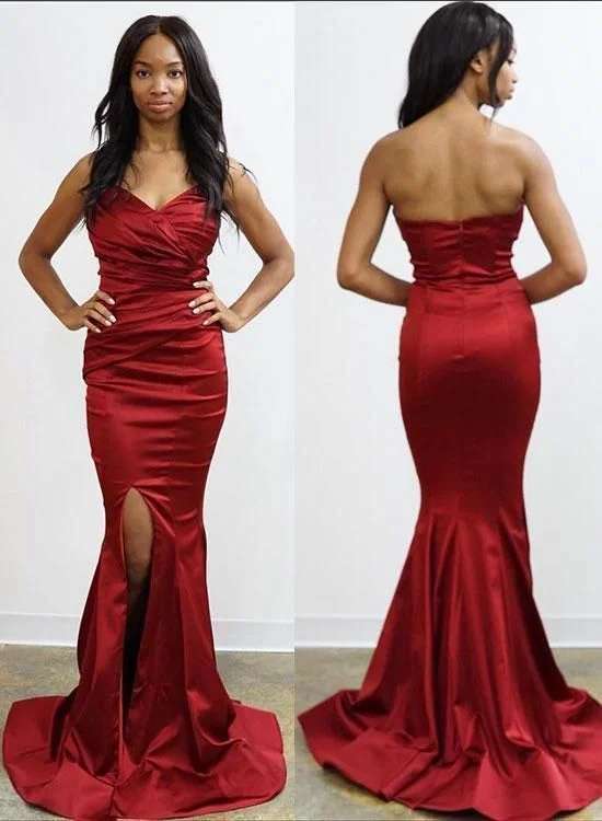 Burgundy Strapless Bodycon Slit Prom Dresses Mermaid Open Back Evening Dresses cg17849 Burgundy Strapless Bodycon Slit Prom Dresses Mermaid Open Back Evening Dresses cg17849
