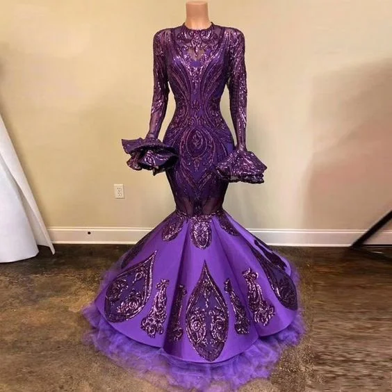 Unique Purple Long Sleeves Sequins Lace Mermaid Prom Dresses, Shinning Formal Evening Party Dress cg17802 Unique Purple Long Sleeves Sequins Lace Mermaid Prom Dresses, Shinning Formal Evening Party Dress cg17802