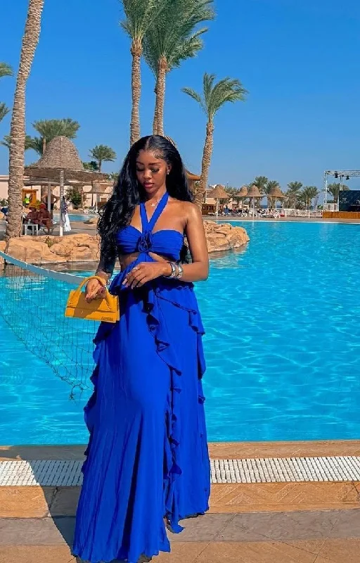 Beautiful A Line Halter Chiffon Royal Blue Long Prom Dress,Ruffles Evening Dress cc2410 Beautiful A Line Halter Chiffon Royal Blue Long Prom Dress,Ruffles Evening Dress cc2410