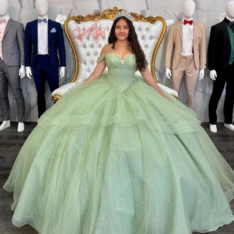 Shiny Sage Green Quinceanera Dress Bow Off-Shoulder Sleeves Vestidos De 15 Anos Corset Formal Birthday Party Prom Shiny Sage Green Quinceanera Dress Bow Off-Shoulder Sleeves Vestidos De 15 Anos Corset Formal Birthday Party Prom