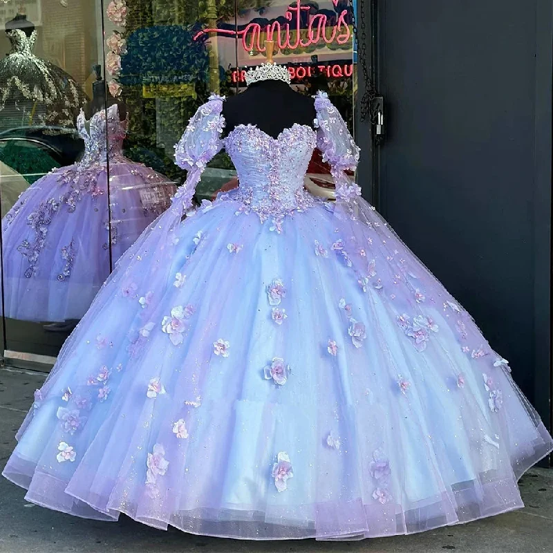 Glittering Lilac Quinceanera Dresses Floral Appliques with Bow Vestidos De 15 Anos Long Puffy Sleeves Party Prom Glittering Lilac Quinceanera Dresses Floral Appliques with Bow Vestidos De 15 Anos Long Puffy Sleeves Party Prom
