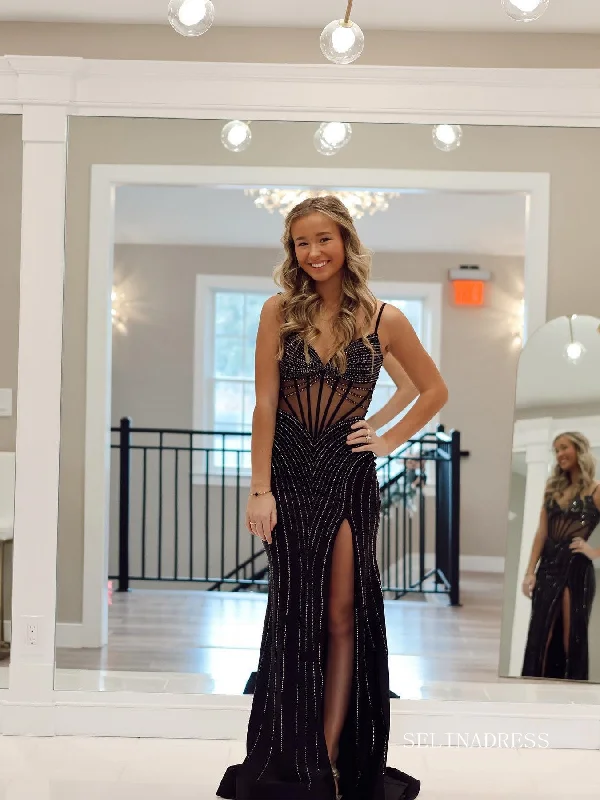 Chic Sheath/Column Spaghetti Straps Black Long Prom Dresses Thigh Split Rhinestone Evening Dress LPK180 Chic Sheath/Column Spaghetti Straps Black Long Prom Dresses Thigh Split Rhinestone Evening Dress LPK180