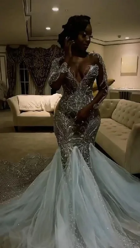 Black Girl Mermaid Tulle Long Sleeves Evening Party Dress,BL18607