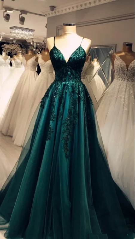 Shiny Green Tulle Sequins Appliques Evening Dress A Line Straps Party Prom Dress cc2449 Shiny Green Tulle Sequins Appliques Evening Dress A Line Straps Party Prom Dress cc2449
