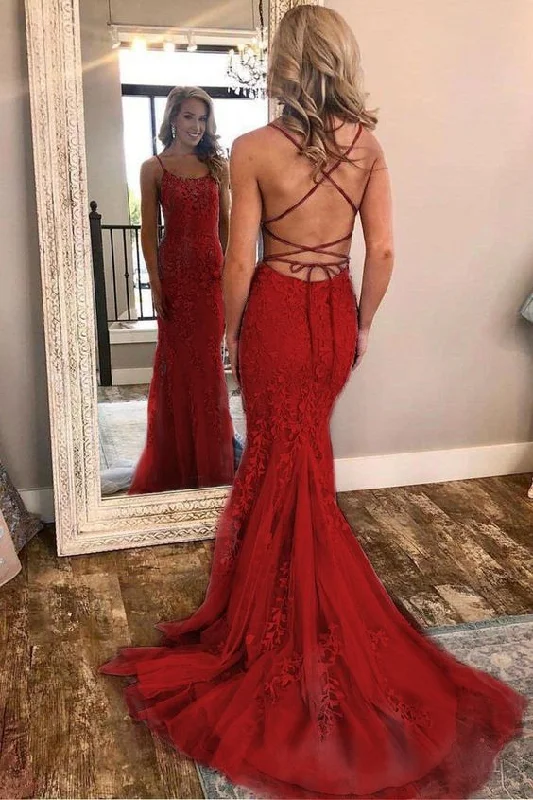 Red Spaghetti Strap Mermaid Prom Dresses with Lace Appliques Backless Formal Dress cg17879 Red Spaghetti Strap Mermaid Prom Dresses with Lace Appliques Backless Formal Dress cg17879