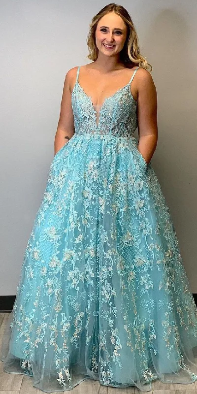Luxury Lace Spaghetti Straps Blue Long Prom Dress with Pockets   cg17838