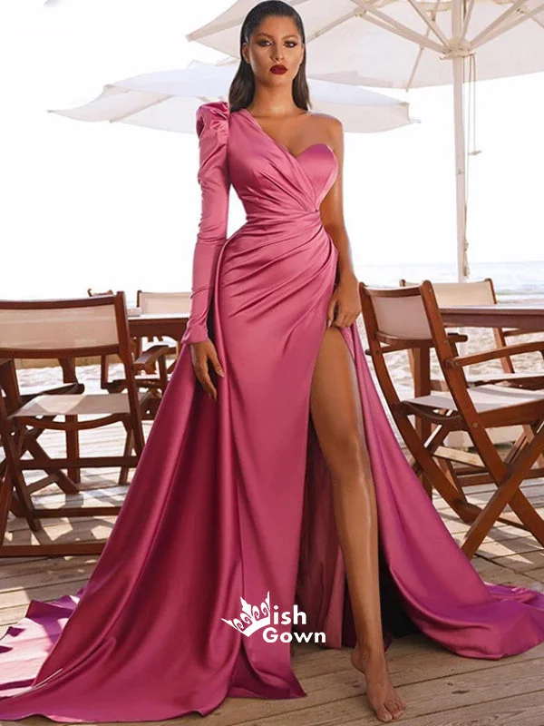 Peach Pink Split Side Satin One Shoulder Long Sleeve A-line Long Prom Dresses, SG105 Peach Pink Split Side Satin One Shoulder Long Sleeve A-line Long Prom Dresses, SG105