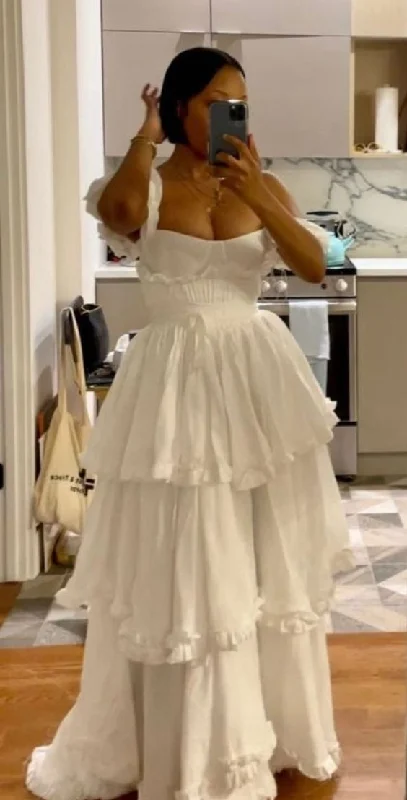 Elegant White Straps Ruffles Floor Length Prom Dress A Line Layered Party Evening Dress cc2405 Elegant White Straps Ruffles Floor Length Prom Dress A Line Layered Party Evening Dress cc2405