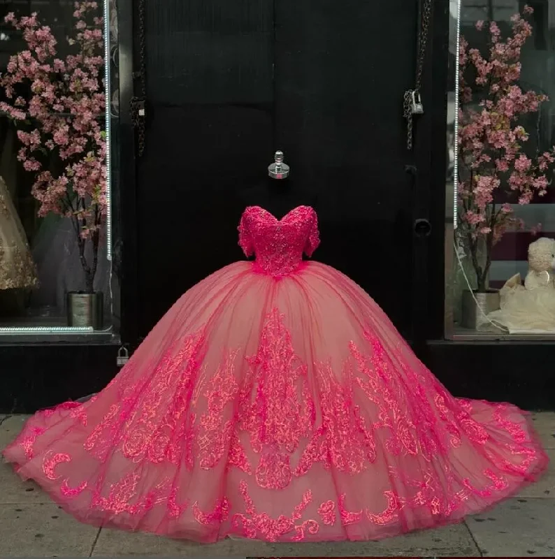 Fuchsia Pink Sparkly Princess Quinceanera Dresses Off Shoulder Gillter Applique Floral Corset vestido de 15 quinceañera 2024 Fuchsia Pink Sparkly Princess Quinceanera Dresses Off Shoulder Gillter Applique Floral Corset vestido de 15 quinceañera 2024