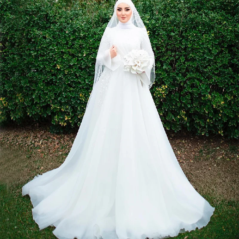 Wedding Dresses for Bride High Neck Long Flare Sleeve Sweep Train Organza Appliques Beading Wedding Dresses for Bride High Neck Long Flare Sleeve Sweep Train Organza Appliques Beading