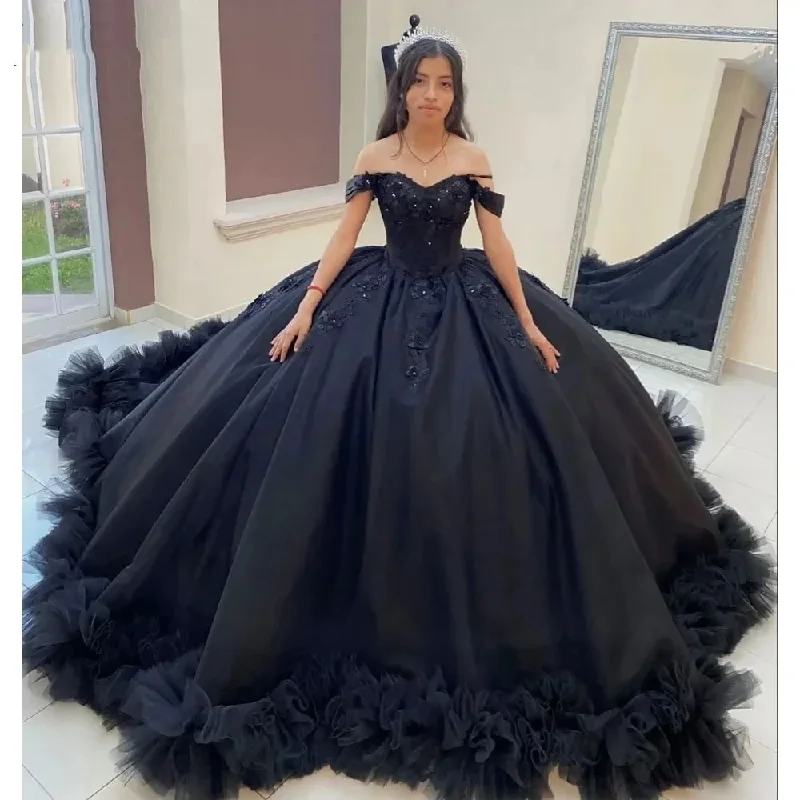 Black Quinceanera Dresses 3D Flower Beading Lace Ruffles Pleat Tulle Vestidos De 15 Anos Birthday Party Prom Corset Black Quinceanera Dresses 3D Flower Beading Lace Ruffles Pleat Tulle Vestidos De 15 Anos Birthday Party Prom Corset