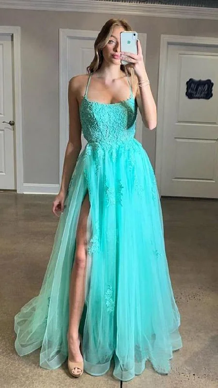 Spaghetti Straps High Slit Evening Dress Appliqued Sweep Train Long Prom Dress cg17909 Spaghetti Straps High Slit Evening Dress Appliqued Sweep Train Long Prom Dress cg17909