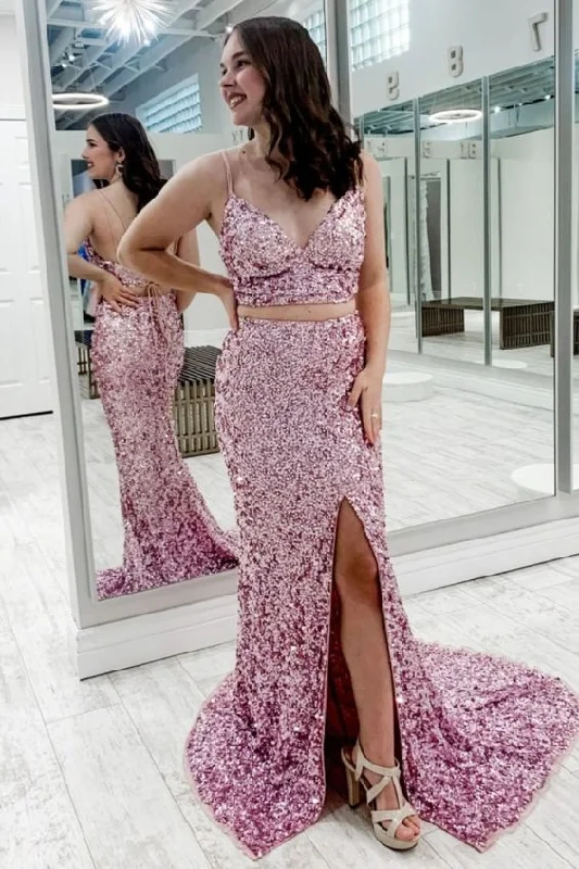 sparkle two piece pink sequined long prom dress with spaghetti straps and mermaid skirt with slit cg17714 sparkle two piece pink sequined long prom dress with spaghetti straps and mermaid skirt with slit cg17714