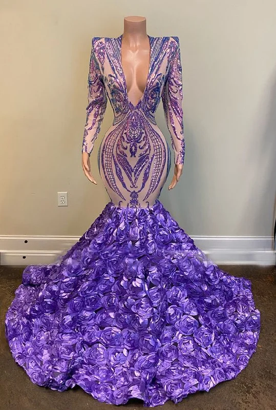 Sparkly purple evening dresses long sleeve v neck elegant mermaid modest sequin applique formal evening gown C1066 Sparkly purple evening dresses long sleeve v neck elegant mermaid modest sequin applique formal evening gown C1066