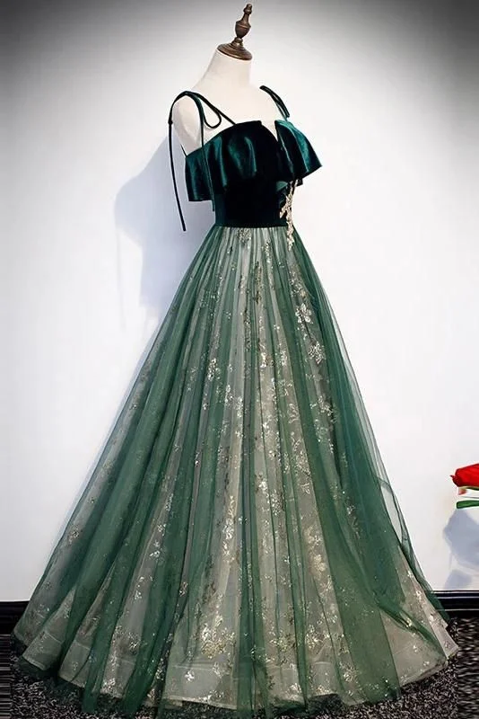 Spaghetti Straps Tulle Lace Green Prom Dress, Floor Length Lace Up Formal Dress cg17695 Spaghetti Straps Tulle Lace Green Prom Dress, Floor Length Lace Up Formal Dress cg17695