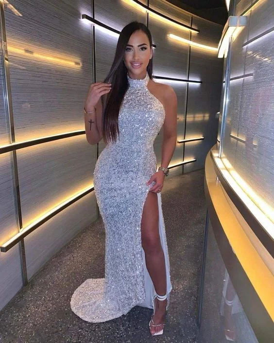 Charming Sexy Mermaid Halter White Sequins Long Evening Dresses with Split C239