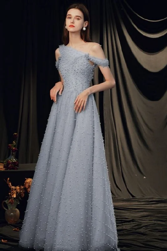 2021 elegant grey tulle long formal dress evening dress with pearls prom dress cg17921 2021 elegant grey tulle long formal dress evening dress with pearls prom dress cg17921