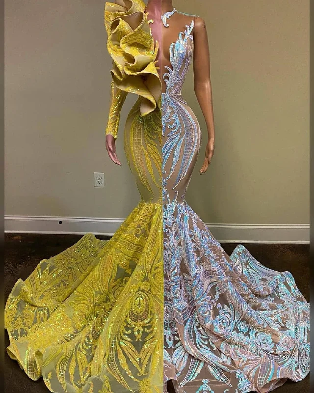 Gorgeous Bicolor Tddecoration V-neck One Shoulder Long Sleeve Floor-length Mermaid Prom Dresses,DS4748 Gorgeous Bicolor Tddecoration V-neck One Shoulder Long Sleeve Floor-length Mermaid Prom Dresses,DS4748