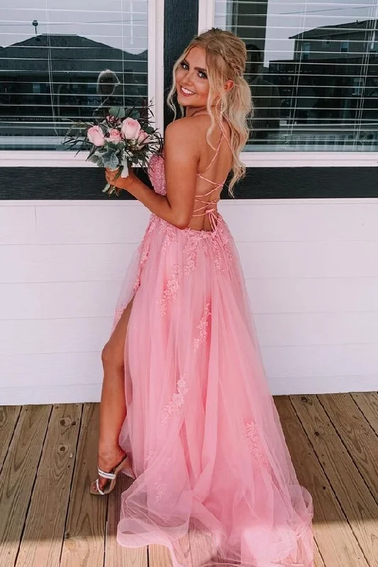 Lace Up Back Pink A-line Long Formal Dress EWQ001