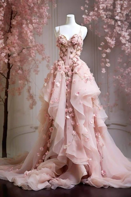 Sweet Pink Tulle Appliques Ball Gown Spaghetti Straps Floral Prom Evening Dress cc2384 Sweet Pink Tulle Appliques Ball Gown Spaghetti Straps Floral Prom Evening Dress cc2384