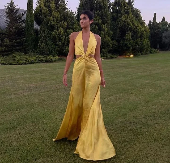 Sexy V Neck Halter Long Yellow Prom Dress Evening Dress cc2409