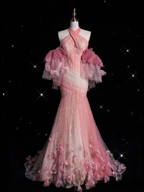 Pink Halter Tulle Lace Appliques Prom Dress Long Mermaid Evening Dress cc2458