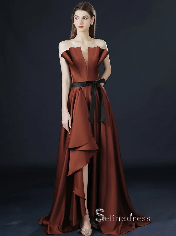 High Low A-line Strapless Long Prom Dress Cheap Satin Evening Dresses GKF020