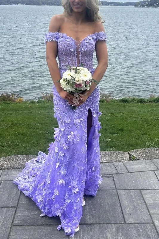 Purple Off The Shoulder Tullelace Appliques Evening Dress Slit Mermaid Party Dress cc2442 Purple Off The Shoulder Tullelace Appliques Evening Dress Slit Mermaid Party Dress cc2442