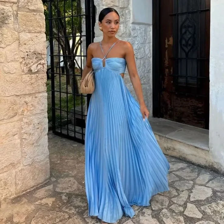 Halter Blue Pleated Long Prom Dress Formal Evening Dress cc2375