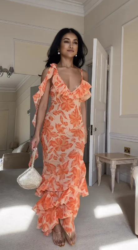 Charming Orange Chiffon Print Floral Evening Gown V Neck Ruffles Party Prom Dress cc2412 Charming Orange Chiffon Print Floral Evening Gown V Neck Ruffles Party Prom Dress cc2412