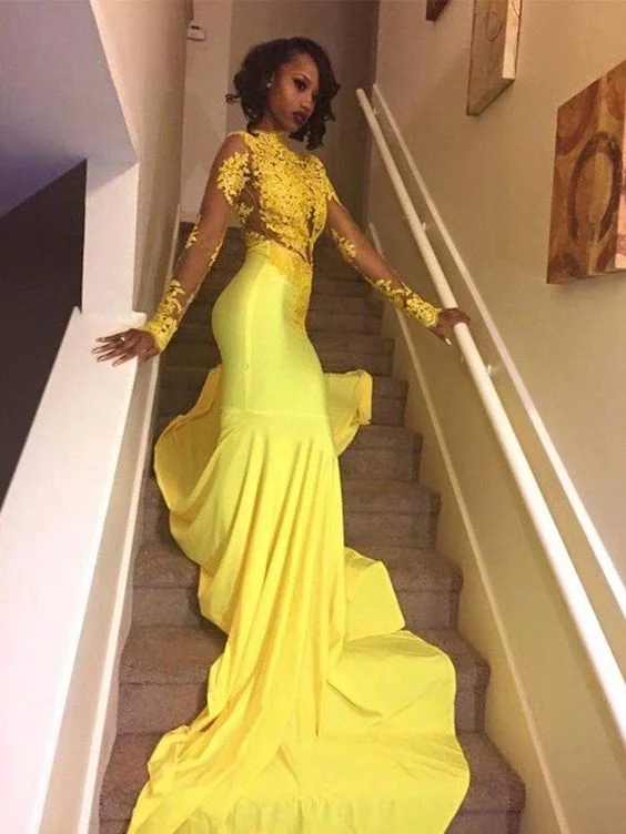 Trumpet/Mermaid High Neck Long Sleeves Sweep/Brush Train Applique Satin Dresses Long prom Dresses cg17729 Trumpet/Mermaid High Neck Long Sleeves Sweep/Brush Train Applique Satin Dresses Long prom Dresses cg17729