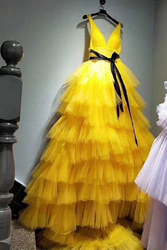 A-line V Neck Yellow Tulle Prom Dress    cg17721