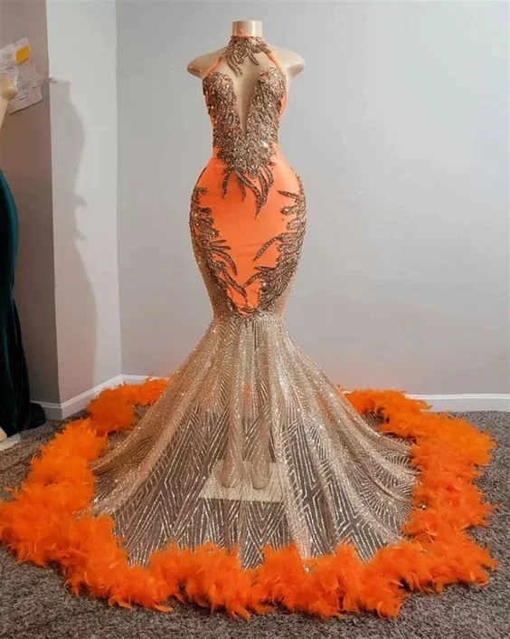 Orange South African Prom Dresses Mermaid Appliques Beaded Feather Black Girls,BL18621 Orange South African Prom Dresses Mermaid Appliques Beaded Feather Black Girls,BL18621