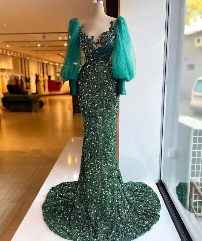 hunter green evening dresses long sleeve modest elegant sparkly mermaid luxury formal party dresses women evening gown,DS4955 hunter green evening dresses long sleeve modest elegant sparkly mermaid luxury formal party dresses women evening gown,DS4955