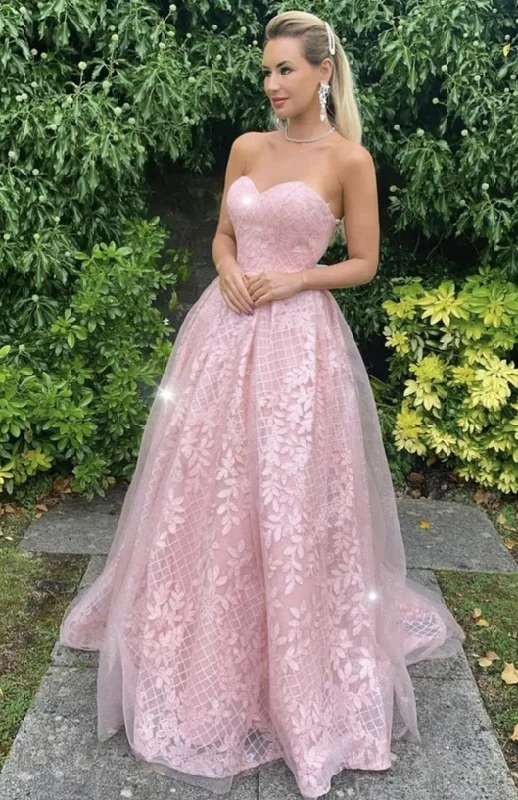 Pink tulle lace long A line prom dress evening dress   cg17944