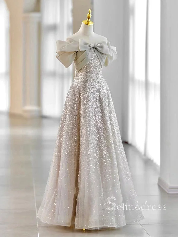 Chic A-line Off-the-shoulder Sparkly Long Prom Dresses Cheap Evening Dress MSK006