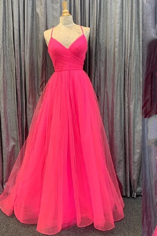 A-line Spaghetti Straps Hot Pink Pleated Long Prom Dress Evening Dresses EWQ004
