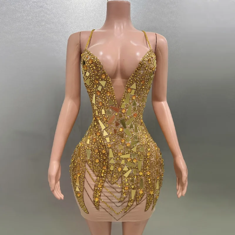 Sexy Gold Backless Sheath Mini Dress Flashing Sequins Birthday Evening Party Nightclub Singer Performance Costume Stage Wear Sexy Gold Backless Sheath Mini Dress Flashing Sequins Birthday Evening Party Nightclub Singer Performance Costume Stage Wear