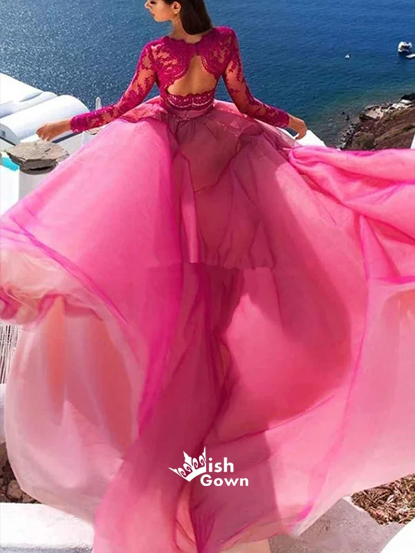 Rose Red Two Pieces Lace Top Long Sleeves Organza A-line Long Evening Prom Dress, WGP089 Rose Red Two Pieces Lace Top Long Sleeves Organza A-line Long Evening Prom Dress, WGP089