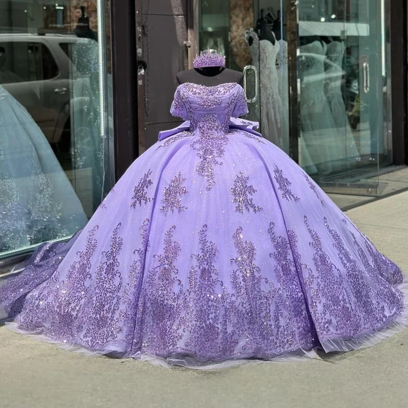 Glitter Lavender Off The Shoulder Princess Quinceanera Dresses Sequins Appliques Lace Beads Tull Sweet 15th Prom Party Vestidos Glitter Lavender Off The Shoulder Princess Quinceanera Dresses Sequins Appliques Lace Beads Tull Sweet 15th Prom Party Vestidos