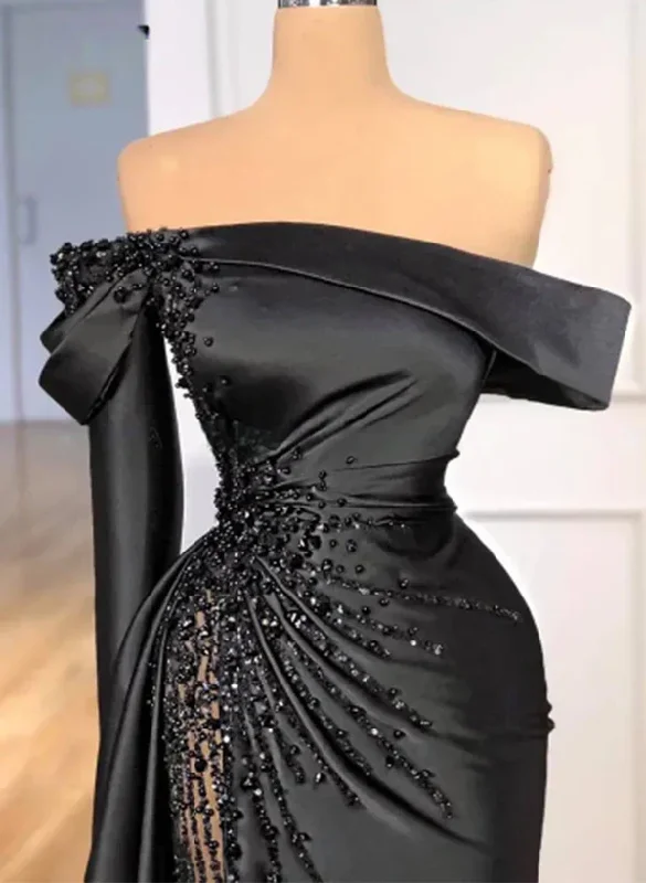 Classic Sheath Off-The-Shoulder Satin Beaded Prom Dress Formal Party Evening Gown cc2438 Classic Sheath Off-The-Shoulder Satin Beaded Prom Dress Formal Party Evening Gown cc2438