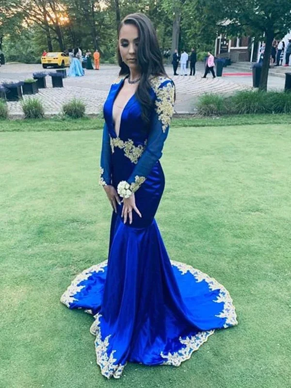 Trumpet/Mermaid Long Sleeves Silk like Satin V-neck Applique Sweep/Brush Train Prom Party Dresses,DS4836 Trumpet/Mermaid Long Sleeves Silk like Satin V-neck Applique Sweep/Brush Train Prom Party Dresses,DS4836