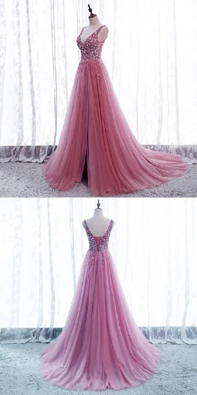 Beautiful pink prom dresses tulle split v neck formal gown with sequins beaded cg17804 Beautiful pink prom dresses tulle split v neck formal gown with sequins beaded cg17804